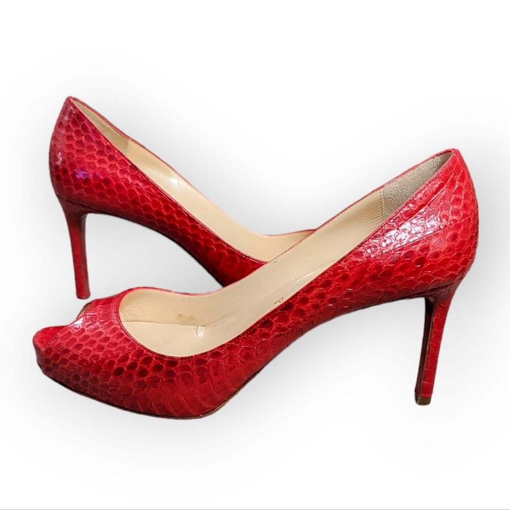 Christian Louboutin No Matter 85 Watersnake Peep Toe Pumps Rouge Lipstick 37.5